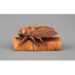 A signed carved fruitwood Netsuke of a cicada on a stem of bamboo with polished black onyx eyes,