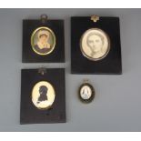 A handpainted portrait miniature brooch, together with three further miniature frames.