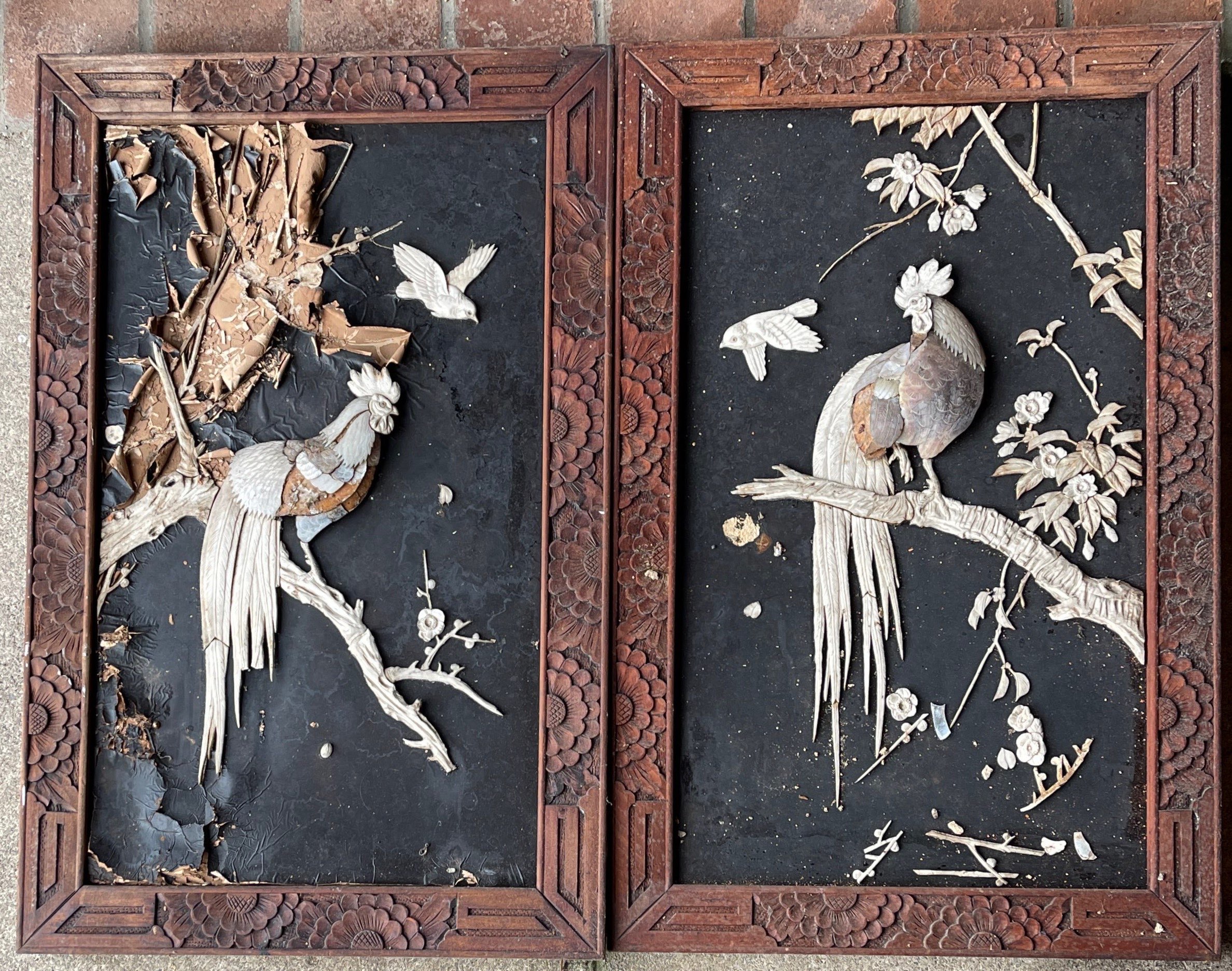 A pair of Japanese mother of pearl and carved bone decorated panels, 45 x 70cm. Together with a