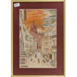 R.J. Harding: An interesting signed 1943 naïve watercolour of Milan, frame size 39 x 54cm.