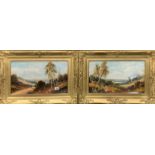 A pair of Victorian gilt framed oils on board behind glass of a country landscape, frame size 69 x