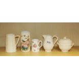 Two Leeds creamware items, together with three further porcelain items, H. 11cm.