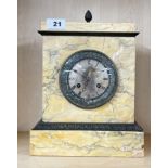 An early 19th century sienna marble and brass mantle clock with silk suspension, 31 x 22cm.