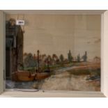 An interesting framed mixed media of a canal scene incorporating feathers, 53 x 41cm.