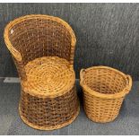 A wicker chair, H. 73cm, together with a matching basket