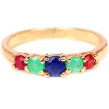 A 925 silver rose gold gilt ring set with sapphire, emerald and rubies, (O).