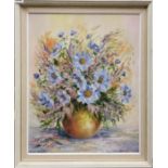 Margaret Goddard: A framed oil on board 'Blue Daisies' frame size 63 x 53cm.