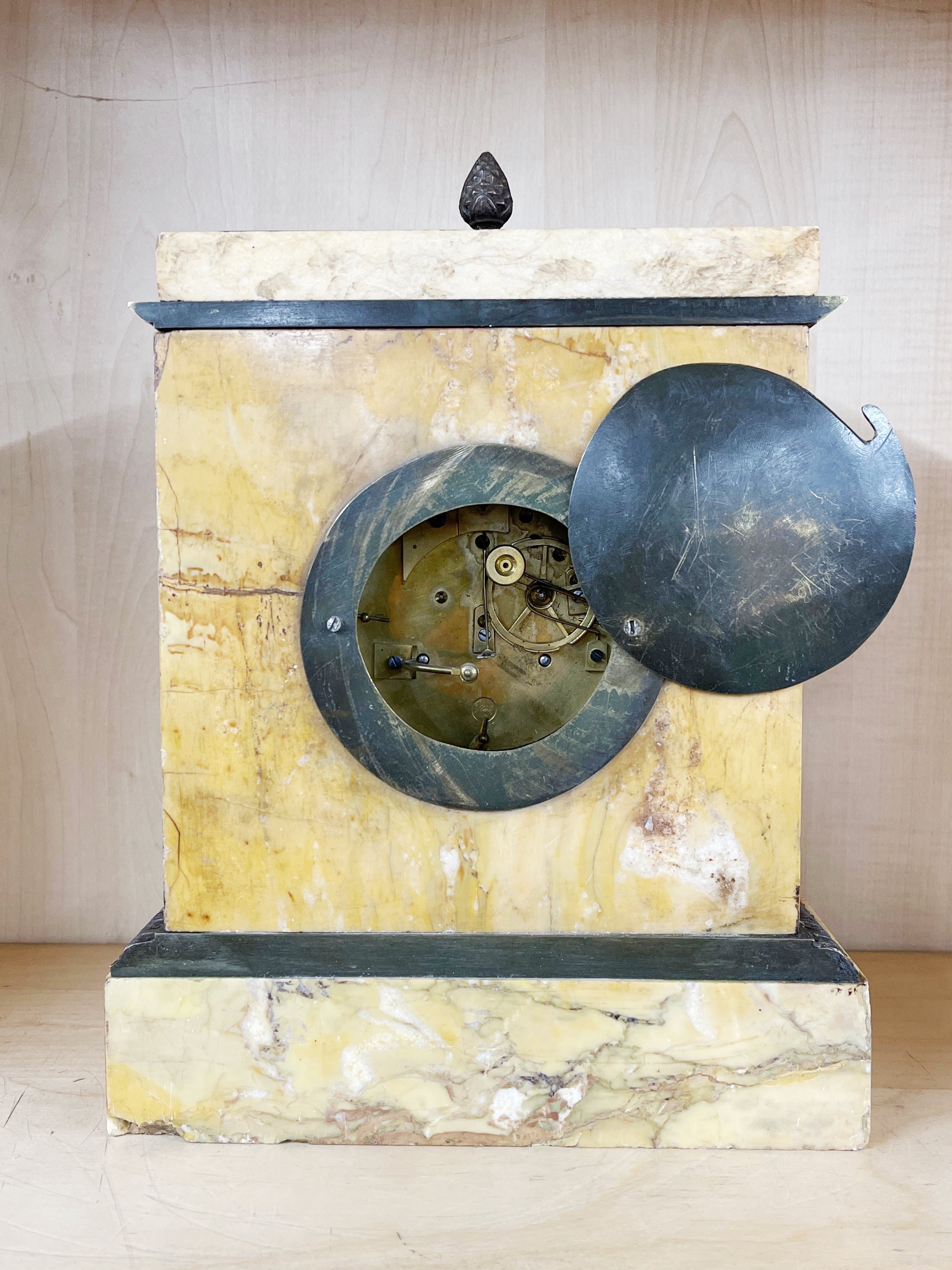 An early 19th century sienna marble and brass mantle clock with silk suspension, 31 x 22cm. - Image 2 of 2