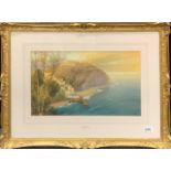 J. Shapland: A gilt framed and signed watercolour of Clovelly, frame size 53 x 71cm.