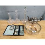 A pair of silver mounted cut glass salts and other items.