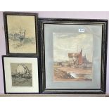 A framed 19th century watercolour of a Thames Barge beside a mill, unsigned, frame size 44 x 52cm.