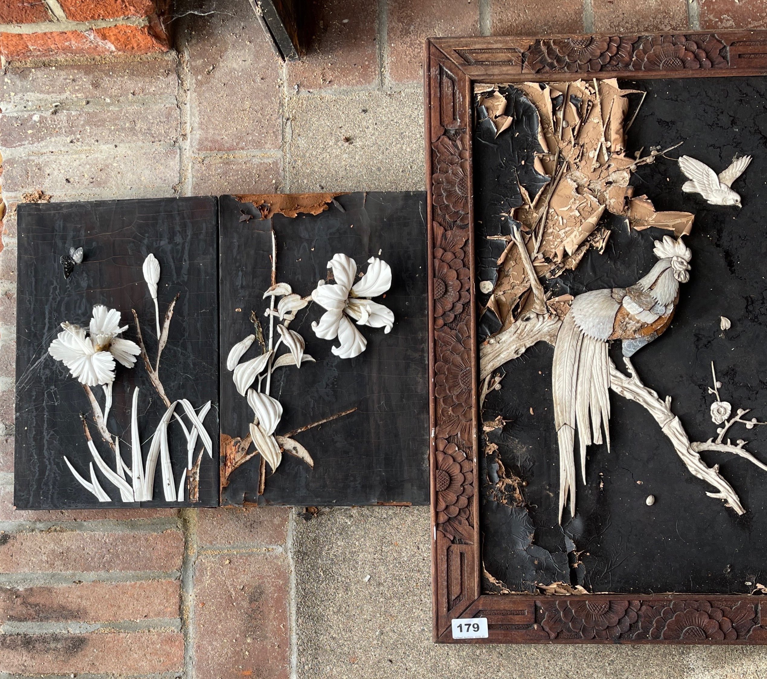 A pair of Japanese mother of pearl and carved bone decorated panels, 45 x 70cm. Together with a - Image 3 of 3