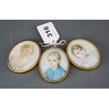 A group of three framed handpainted portrait miniatures, frame size 6.5 x 5.3cm.