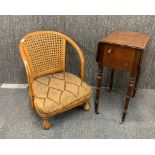 A low cane back chair, H. 61cm. Together with an early 19th century mahogany drop leaf side table