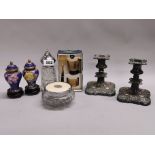A pair of candlesticks, hallmarked silver top sugar shaker, cloissone vases, etc.