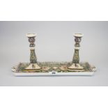 A handpainted Portuguese faience tray and candlesticks, tray W. 43cm.