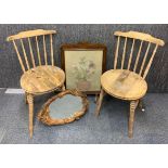 A pair of dining chairs, together with a gilt framed mirror and an embroidered fire screen.