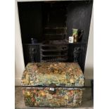 A decoupage decorated tin trunk, 59 x 38 x 39cm.