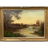 A large gilt framed oil on canvas of Pangbourne on Thames by William Bradley, provenance: