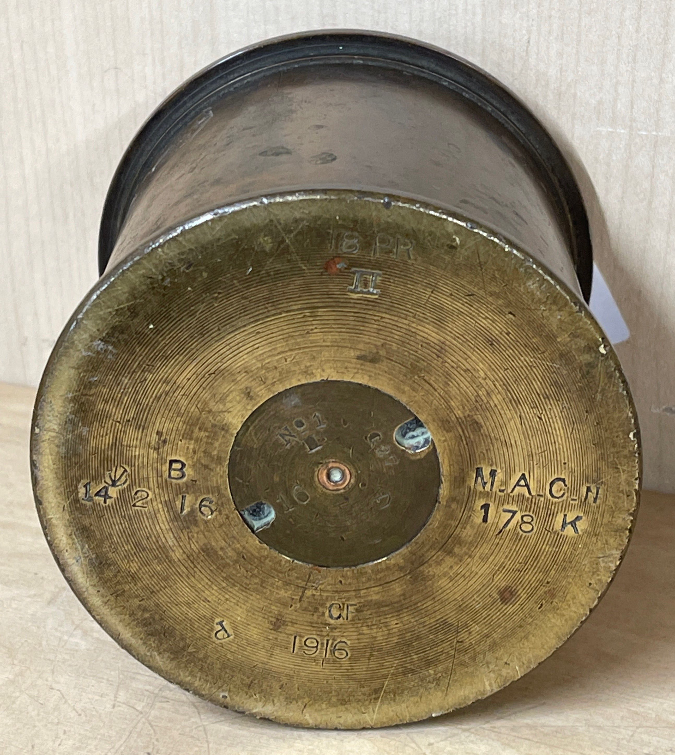 A 1916 trench art shell case tobacco jar, H. 11cm. - Image 3 of 3