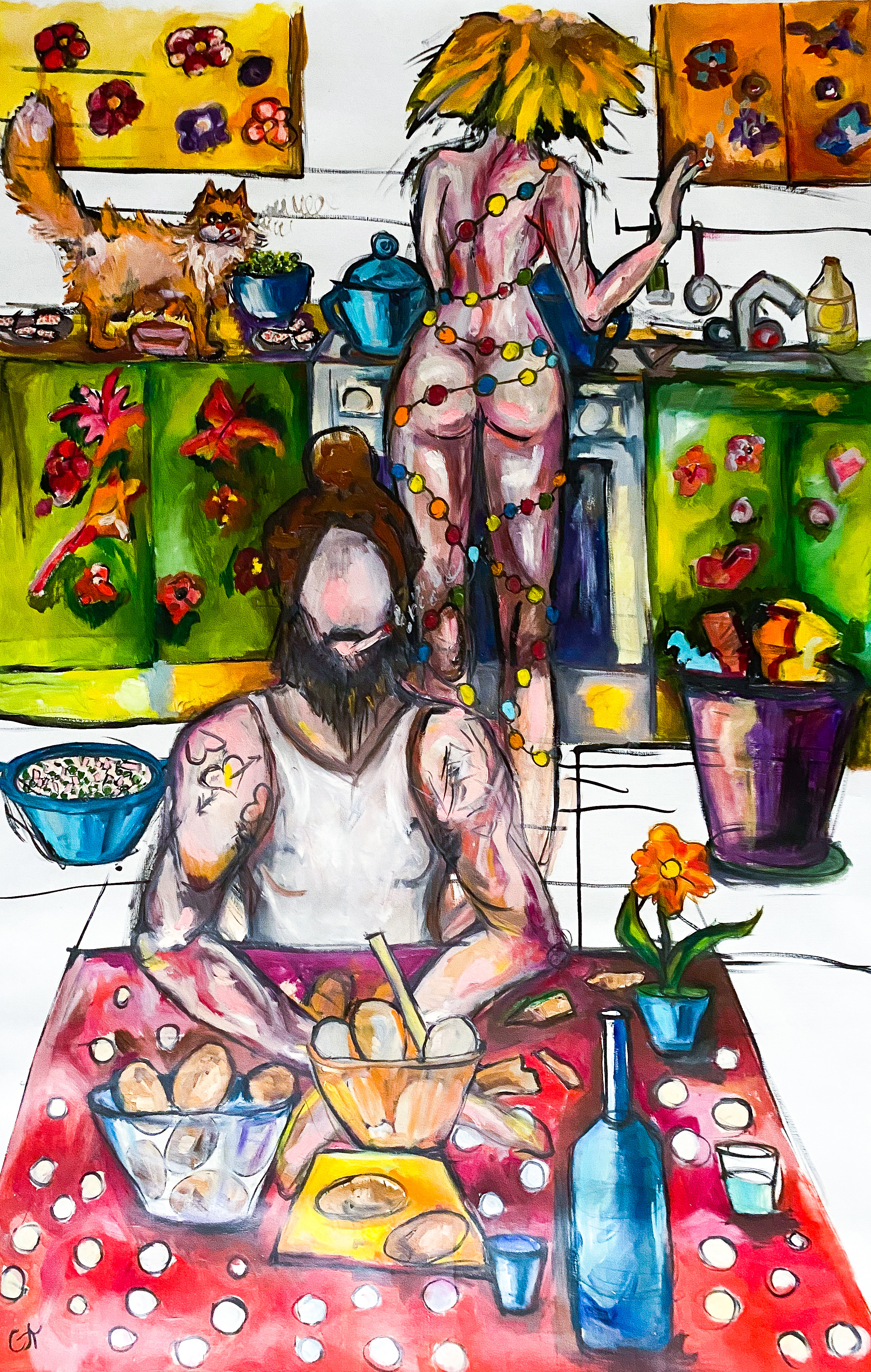 Sasha Neschastnova, "Preparation for the holiday", oil and ink on canvas, 140 x 90cm, c. 2020.