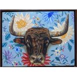 Stephanie Caeiro, "Spanish bull with manila shawl", framed, 50 x 64cm, c. 2021. This painting was