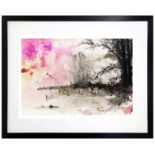 Tin Stanton, "Pink Sunrise", framed ink on board, 44 x 54cm, c. 2021. UK shipping £15.