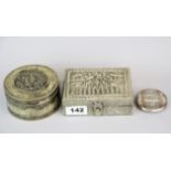 A Jerusalem 833 silver compact together with a Chinese white metal decorated soapstone box and a