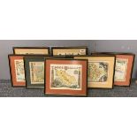A group of framed county maps and an engraving of Southend.