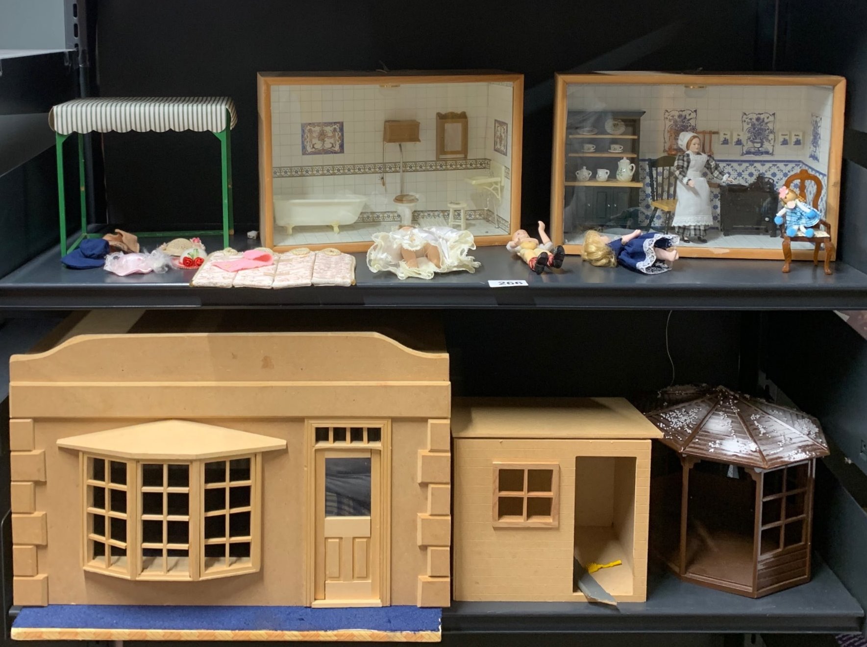 Two dolls house ready made rooms, two dolls house gazebos and two dolls house "tableau" style