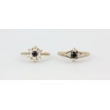 A hallmarked 9ct yellow gold ring set with a round cut sapphire and white stones, (K), together with