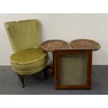 An upholstered nursing chair, two side tables and a useful table top/ wall cabinet.