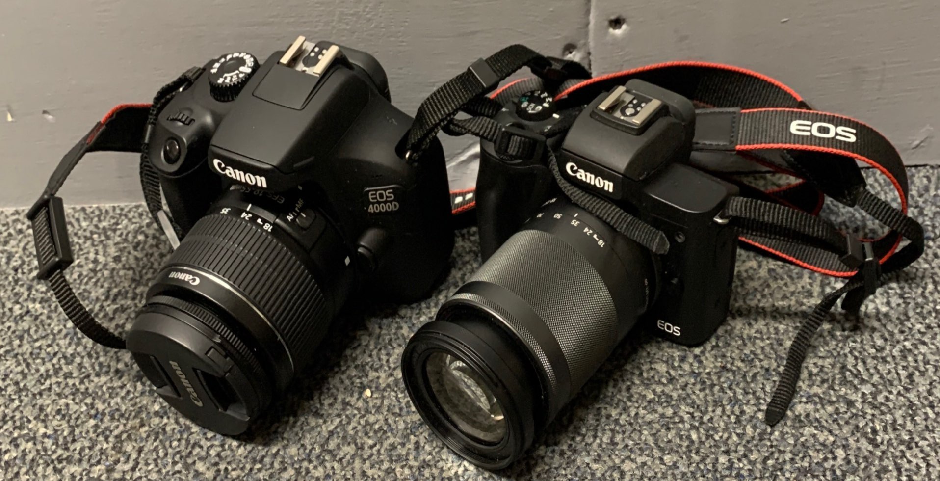 A Canon single lens reflex digital camera with Canon zoom lens and a Canon EOS 4000D with Canon zoom