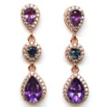 A pair of 925 silver rose gold gilt drop earrings set with pear cut amethysts and sapphires, L. 3.