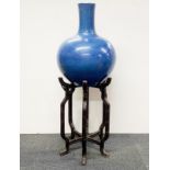 A superb large 18th/19th C Chinese robins egg glazed porcelain vase on folding stand, vase H.