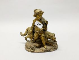 An early 19th century French gilt cast iron figure of a child with a hunting hound, impressed Jeche,