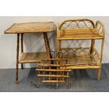 A Victorian bamboo side table with bamboo hat rack and a later bamboo shelf unit.