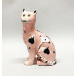 A continental Galle type porcelain figure of a cat with glass eyes, H. 24cm.