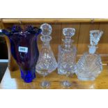 A Murano glass vase, H. 27cm with three good decanters and two Babycham glasses.