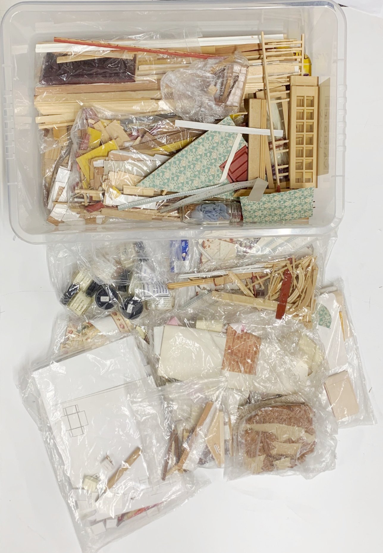 Four boxes containing dolls house building items, including bricks, wall paper, wooden items, - Image 2 of 5