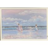 P. Watkins. A framed oil on canvas of girls on a beach, frame 81 x 55cm.