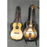 A Kimbara acoustic guitar with electric pick up and case together with a further vintage electric