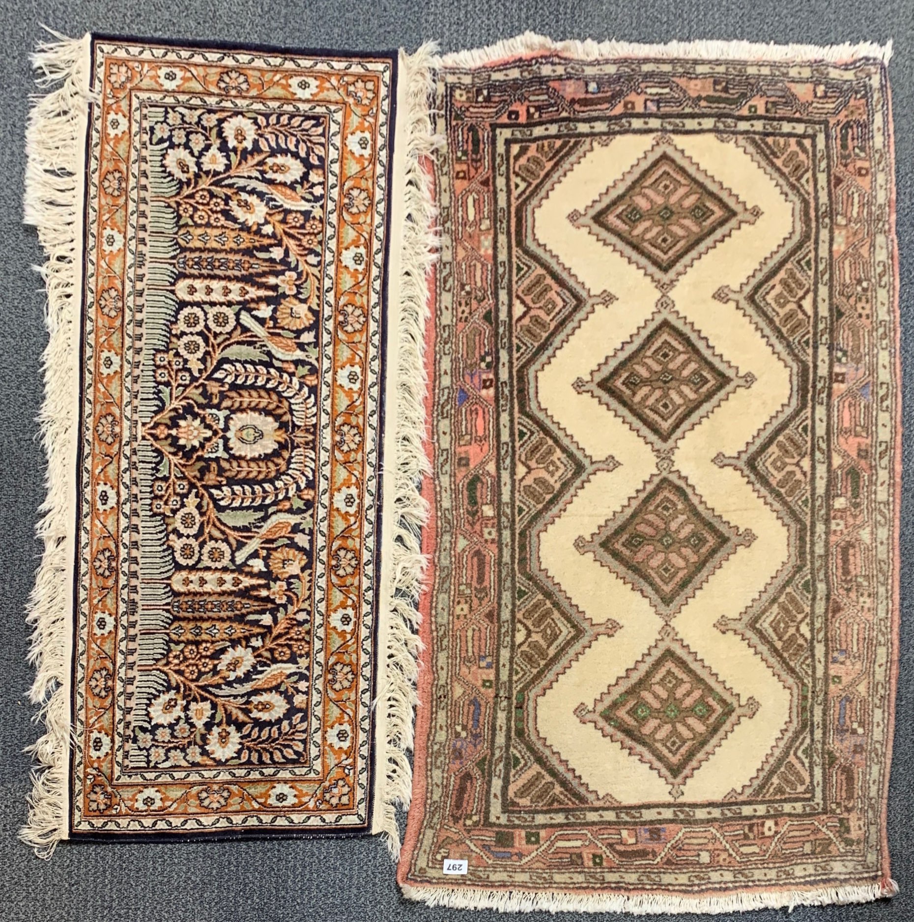 A hand woven Hamedan rug, 78 x 134cm together with an Eastern silk rug, 46 x 118cm.