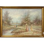 Yvonne Dupre. A gilt framed impressionist style oil on canvas of girls walking in the country, frame