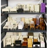 A large quantity of wooden dolls house living room, dining room and bedroom furniture items.