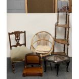 A Victorian inlaid whatnot with a Victorian mahogany dressing table mirror, a nursing chair, a