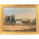 An 18th century, later gilt framed, oil on wooden panel of a mail coach and horses, frame size 42