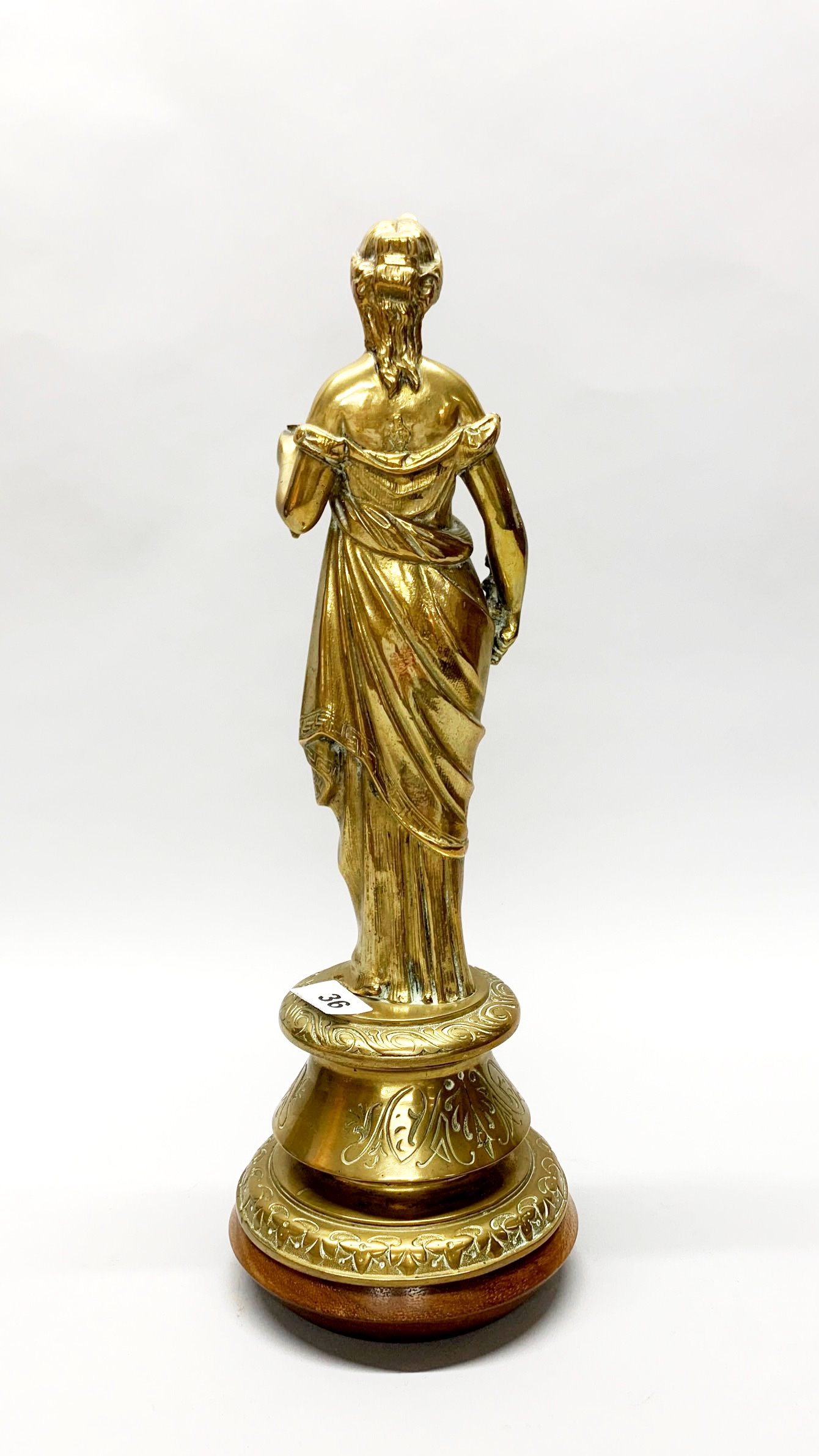 A 19th century brass figure of a woman in classical dress, previously a lamp base, with later turned - Bild 2 aus 2