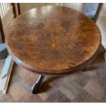A 19th century oval walnut veneered tilt top loo table, 108 x 143cm.