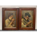 A pair of 19th century oak framed oils on board of pipe smokers, frame 37 x 49cm.